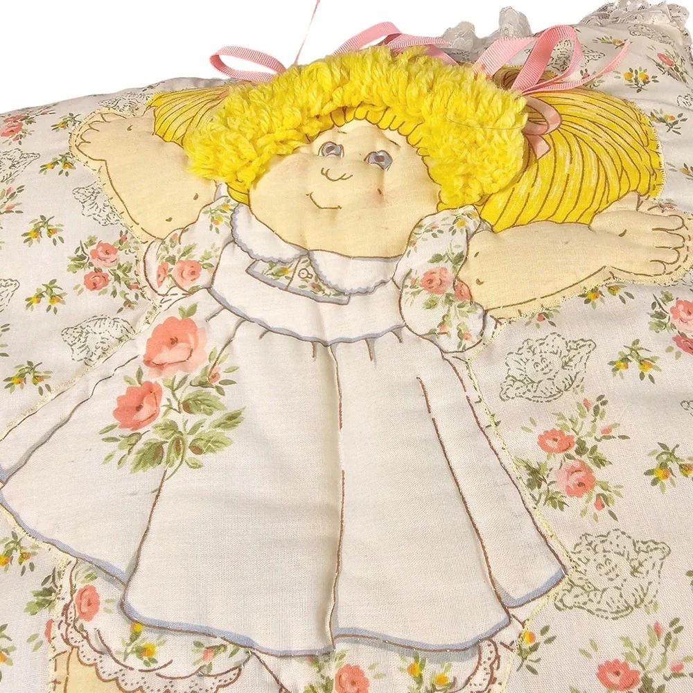 1980s Cabbage Patch Kids Lace Trim Floral Mushroom Pillow Yarn Hair 1980s 20in